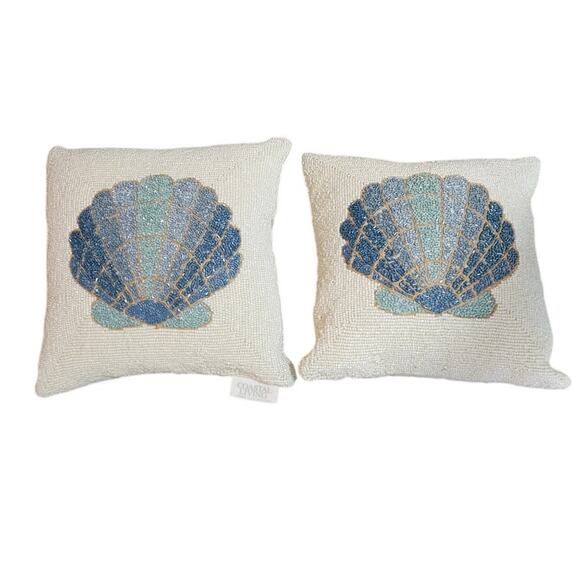 2 Coastal Living Home Collection 13x13 Fully Beaded Shell Throw Pillows Blue - Picture 1 of 4
